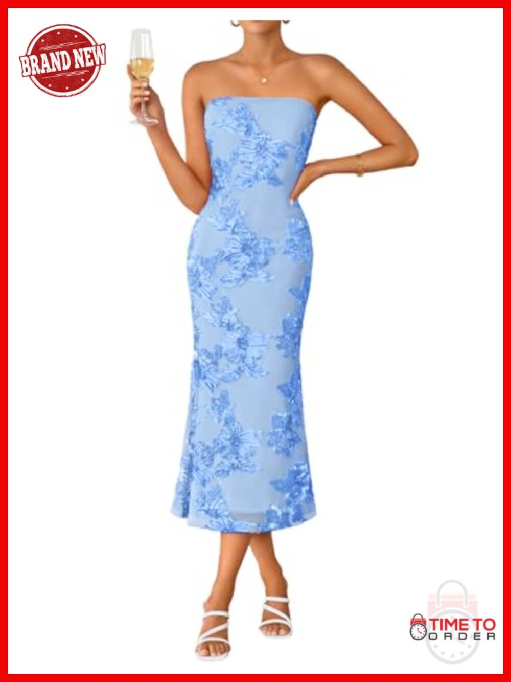 Strapless Floral Mesh Midi Dress Bodycon Formal Wedding Guest